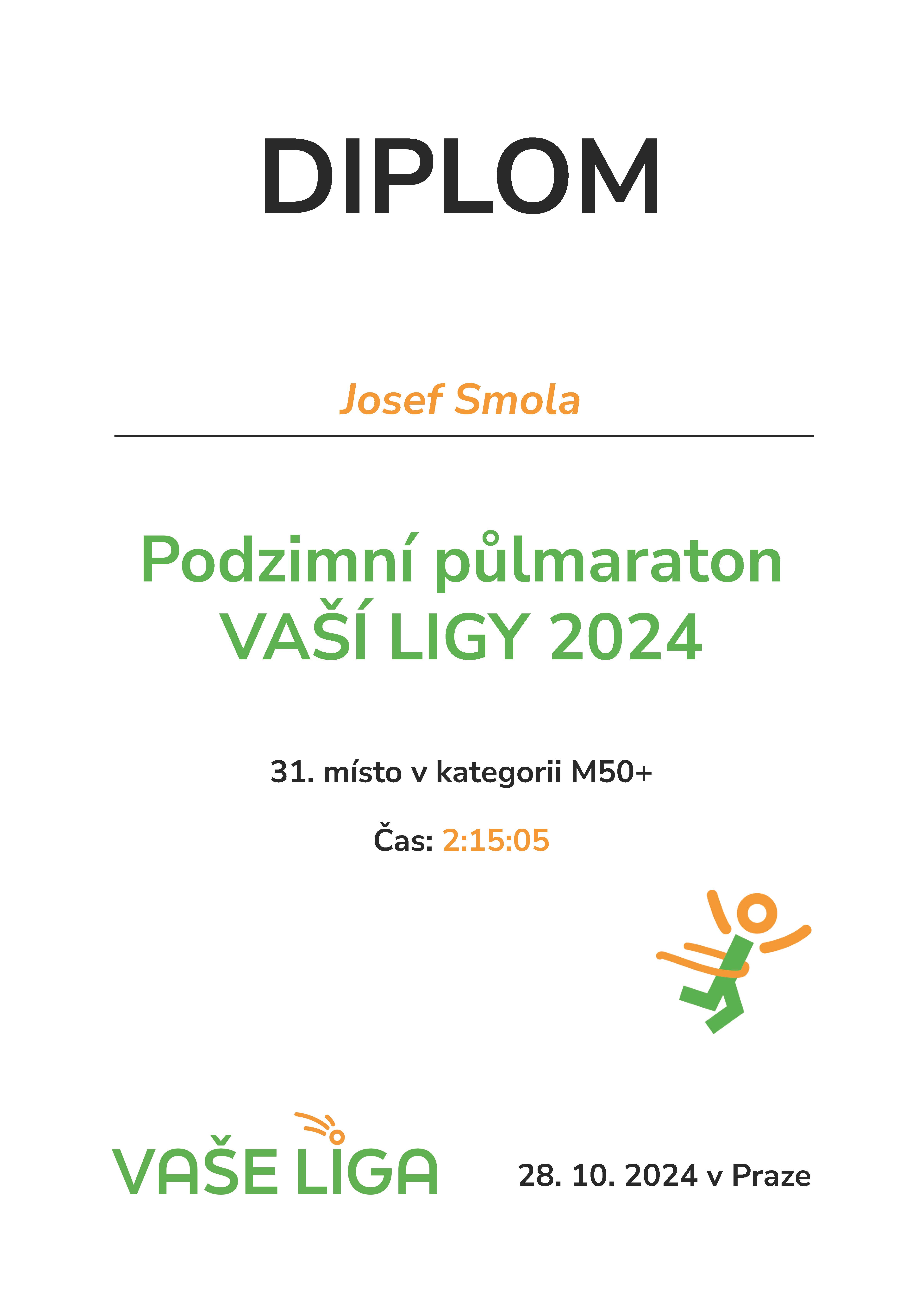 Diplom Podzimní půlmaraton VAŠÍ LIGY 2024 Josef Smola